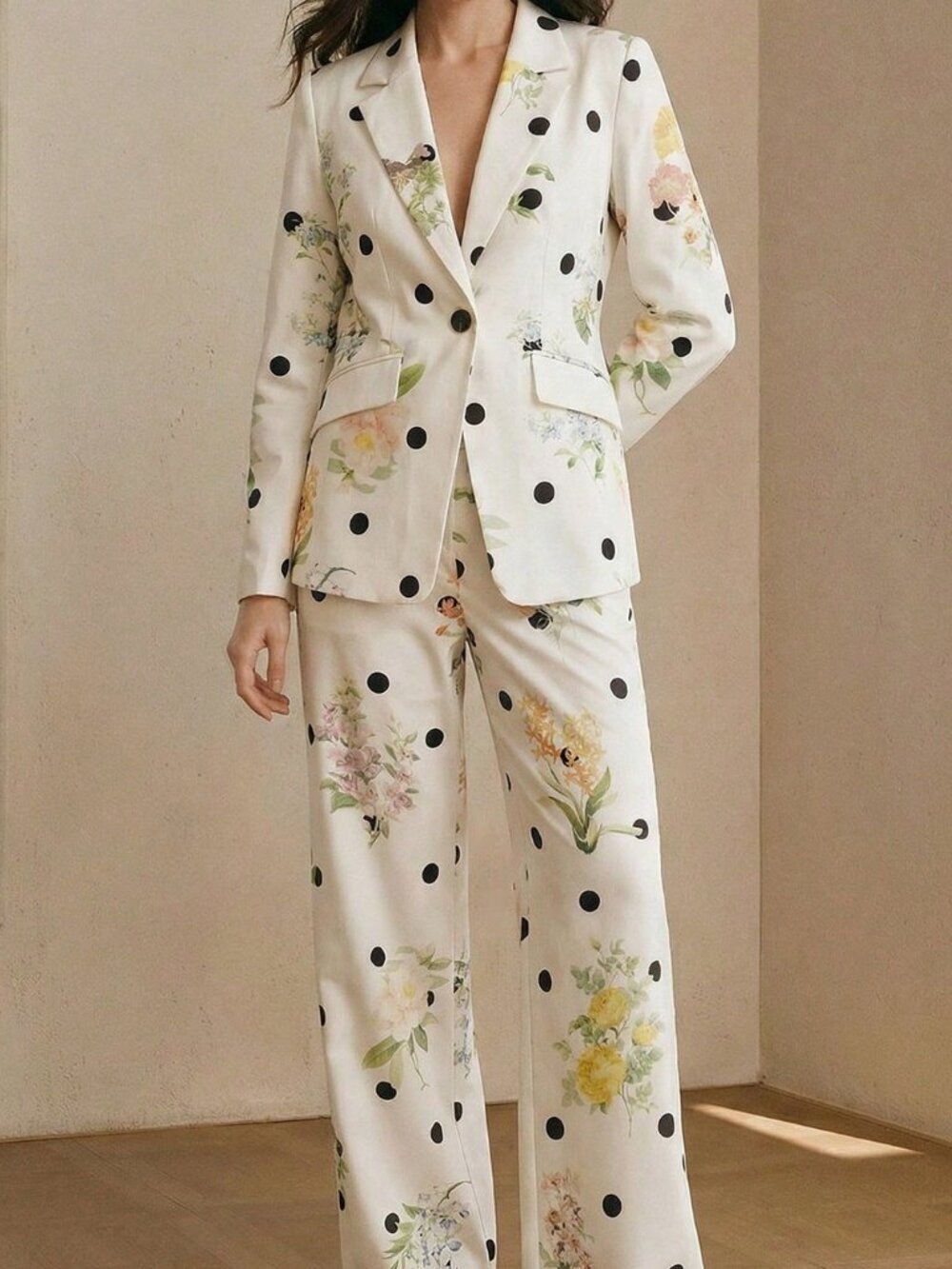 White Elegant Women's Polka Dot & Floral Cinched Waist Blazer - Picture 7 of 7